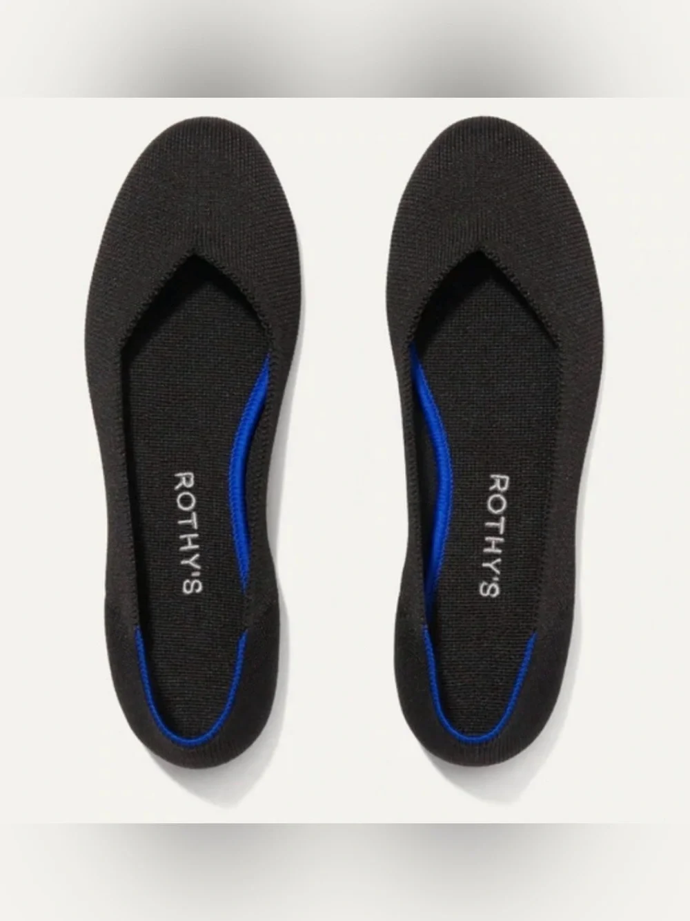 Rothy’s The Flat Black Slip-On Shoe with Cobalt Blue Trim Size 8.5